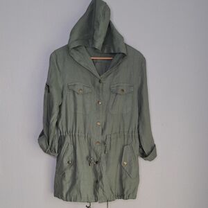 Style & Co Women Linen Hooded Utility Jacket Sage Green Boho Coastal 4
